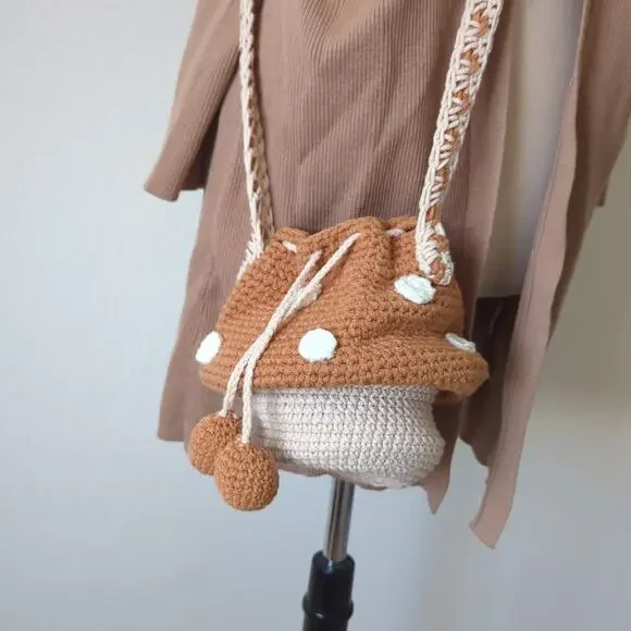Handmade‎ Crochet Mushroom Purse Crossbody Bag Nature Brown Whimsical Fairy - Picture 4 of 9